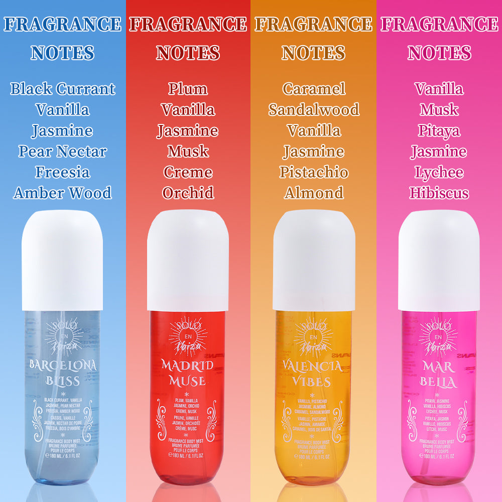 Solo En Ibiza Body Mist for Women 6 Fl Oz Body Spray for Women Long-Lasting Fragrance 4 Scents, Madrid Muse Marbella Barcelona Bliss Valencia Vibes Scents